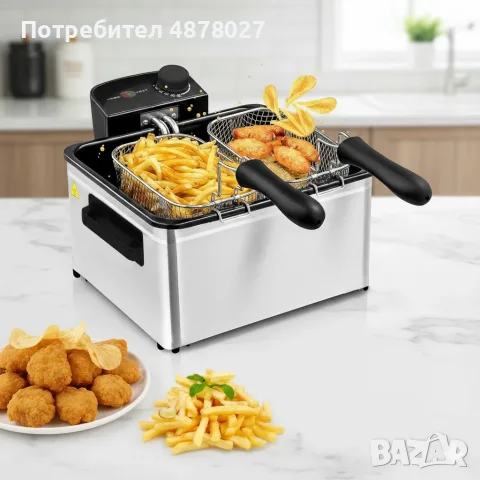 Фритюрник Cheffinger CF-EDP5.0 – 5L, 2000W, неръждаема стомана, 3 кошници, регулируема температура