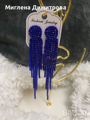 Нови луксозни кристални дълги сини блестящи капкови обеци , снимка 2 - Обеци - 39177985
