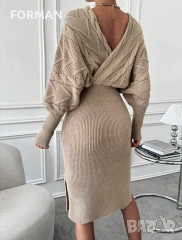 УНИКАЛНА рокля плетиво в бежово , снимка 3 - Рокли - 49352626