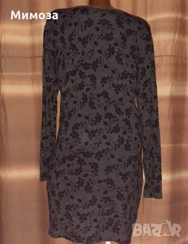  L Сива рокля на Черни цветя с дълъг ръкав, снимка 4 - Рокли - 35364622