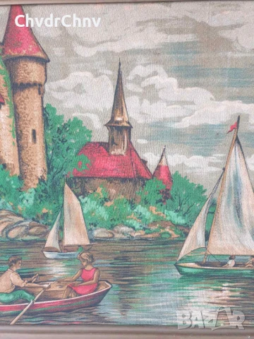 дървена рамка дърворезба 85х62см/голям стар машинно тъкан гоблен/замък-езеро-лодки, снимка 4 - Гоблени - 51345027