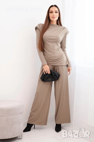 Дамски памучен комплект с блуза и широк панталон, 7цвята , снимка 3 - Комплекти - 52340625