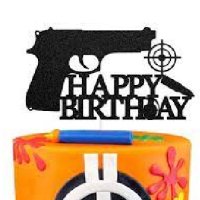 Happy Birthday пистолет оръжие мишена пластмасов черен топер украса за торта рожден ден, снимка 1 - Други - 42907877