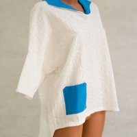 Дамска бяла блуза с контрастни елементи в синьо Margo Collection - 4XL, снимка 3 - Блузи с дълъг ръкав и пуловери - 42637497