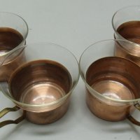 № 5144 стари стъклени чаши с метални подстакани   - 4 броя   - стъкло - JENA GLAS - надпис / печат /, снимка 1 - Други ценни предмети - 32187110