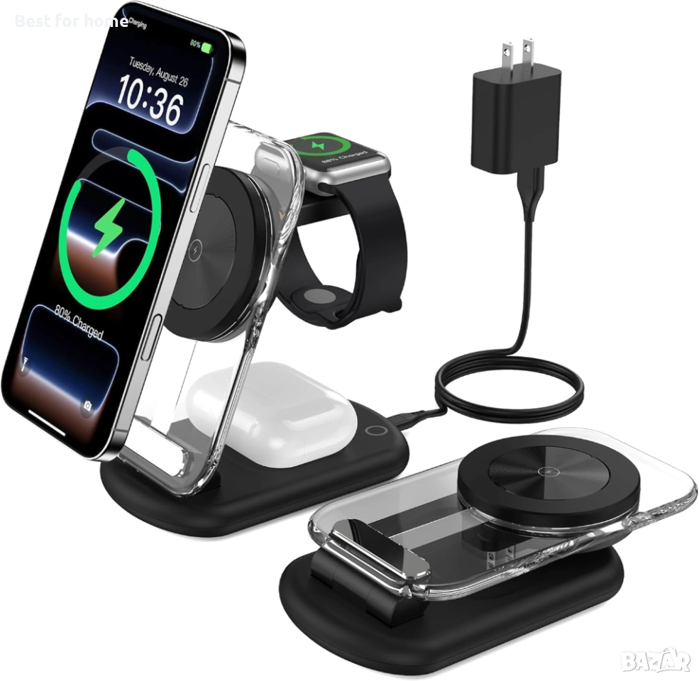 3-в-1 магнитна безжична зарядна станция за Apple устройства, снимка 1