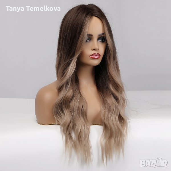 Дълга на вълни кестенява перука без бретон, снимка 1