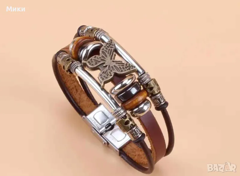 Дамска гривна от PU кожа с пеперуда, закопчалка от неръждаема стомана и мъниста, снимка 1