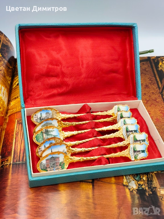 Винтидж руски емайлирани месингови лъжички за чай от 70-те години, снимка 1