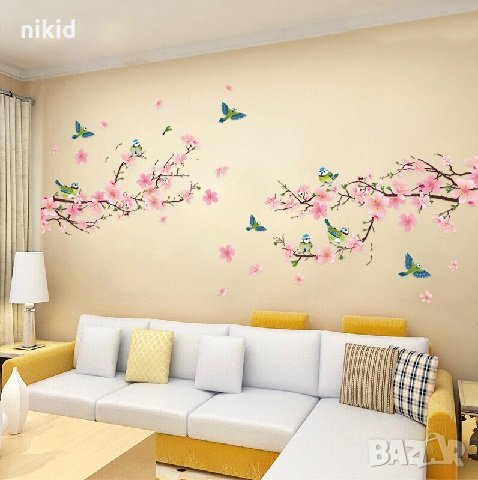 Птички на вишнев клон самозалепващ стикер лепенка за стена декор украса, снимка 1