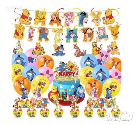 Мечо пух парти банер надпис топер топери балон балони рожден ден, снимка 1