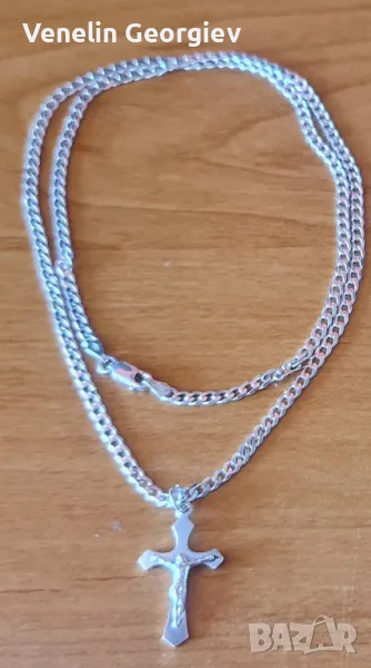 Сребърен синджир с кръст, проба 925 дължина 55 см., снимка 1