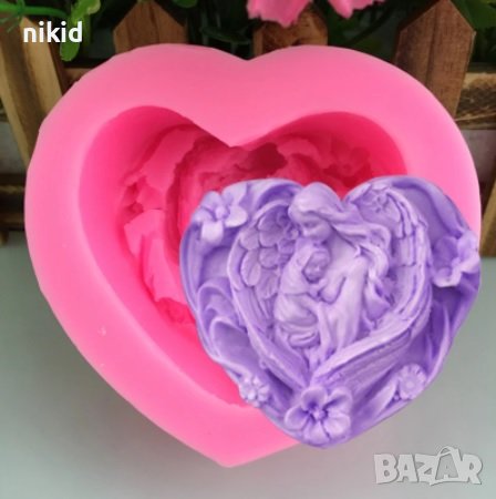 Майка с крила сгушила бебе в сърце силиконов молд сапун шоколад гипс свещ декор, снимка 1