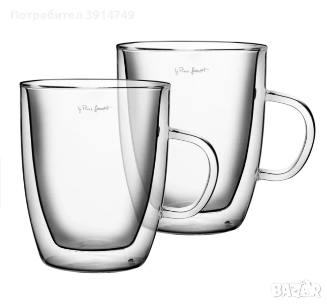 Комплект 2 чаши за чай / кафе, двойни стени от термоустойчиво боросиликатно стъкло, 420 мл *НОВИ*, снимка 1
