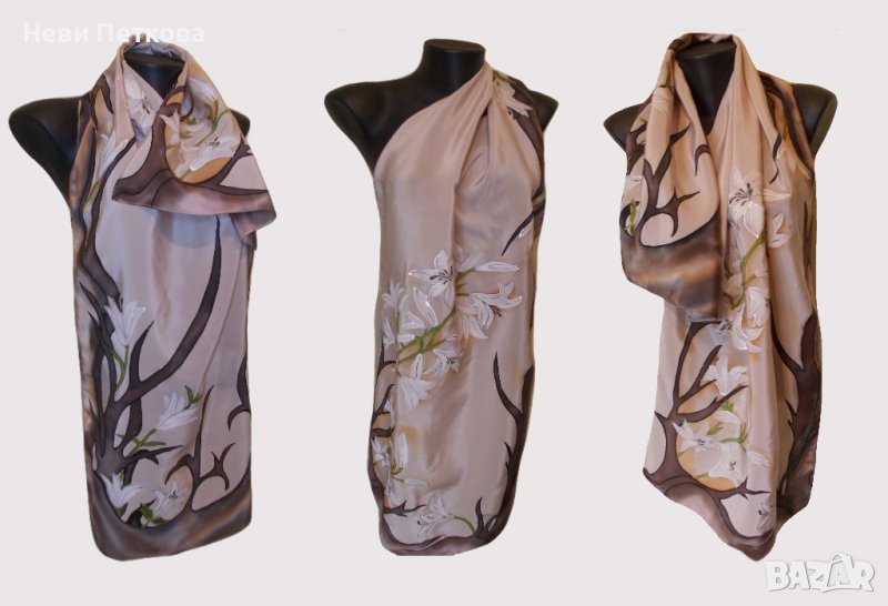 Рисуван копринен шал ИКЕБАНА, снимка 1