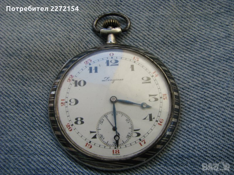 Сребърен джобен часовник Longines с ниело, снимка 1