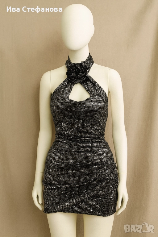 Нова 5 Д роза  парти коктейлна официална къса блестяща сиви бляскави елементи , снимка 1