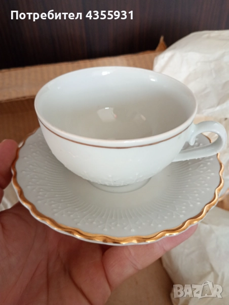 Неупотребяван стар български порцелан сервиз за чай златен кант , снимка 1