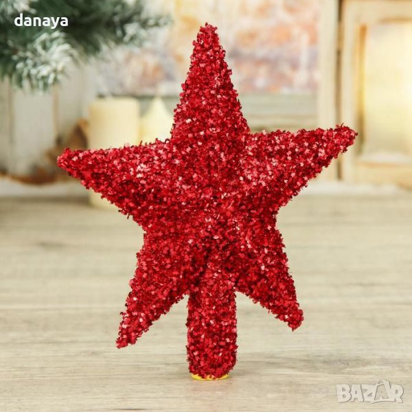 3193 Връх за елха червена звезда с пухкав блясък, снимка 1