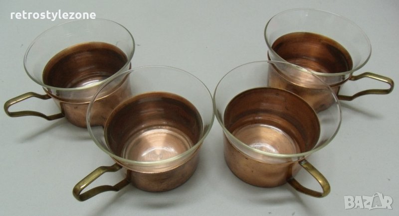 № 5144 стари стъклени чаши с метални подстакани   - 4 броя   - стъкло - JENA GLAS - надпис / печат /, снимка 1