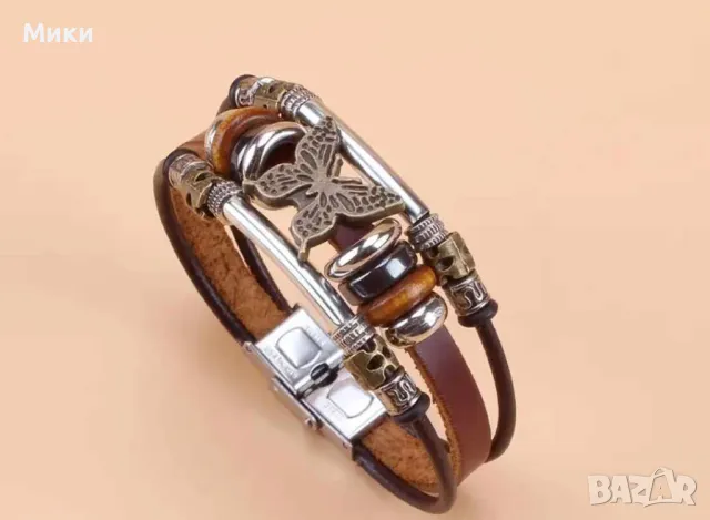 Дамска гривна от PU кожа с пеперуда, закопчалка от неръждаема стомана и мъниста