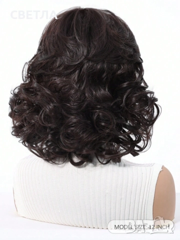 Чуплива перука, Къса перука,  Елегантна перука, Тъмно кафява перука, снимка 5 - Аксесоари за коса - 51944847