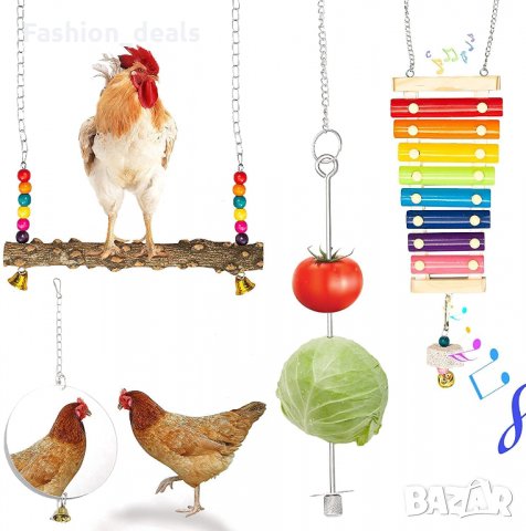 Нов комплект 4 броя играчки за пилета, кокошки, птици Ксилофон Люлка