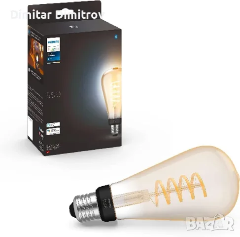 Нова Philips Hue Filament Edison ST72 умна LED крушка E27, топла бяла, Bluetooth, Alexa