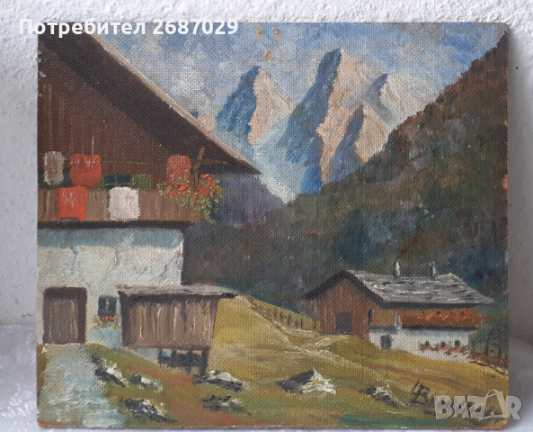 Стара картина, планина пейзаж, подпис, снимка 7 - Картини - 36448486