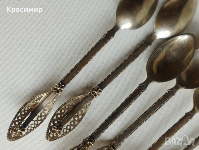   6 вилички СРЕБЪРНИ с филигранна дръжка проба 800, 6 лъжички посребрени,обаче филиграна е сребърен , снимка 4 - Антикварни и старинни предмети - 51413524