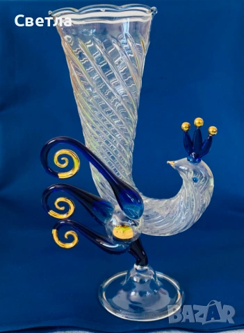 Муранско стъкло 3 броя за обща цена € 140. Винтидж ваза/паун и 2 бр. свещници, закупени от Венеция., снимка 4 - Декорация за дома - 54173164