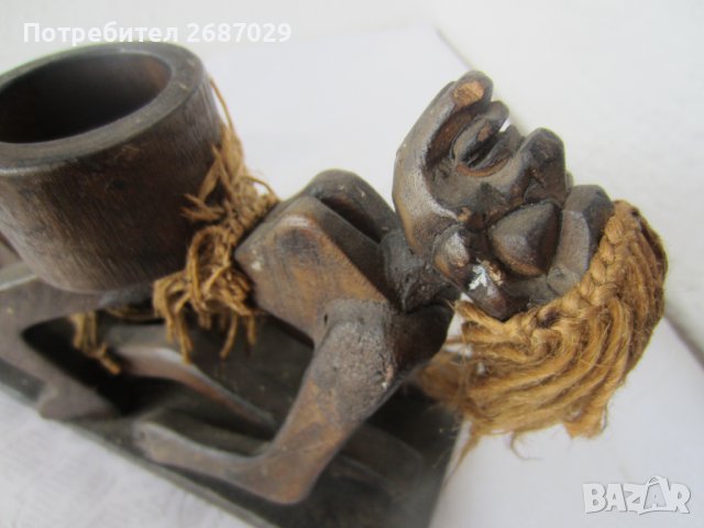 негри 25 см дълга композиция от дърво с дървен съд, жена керамика моливник, пепелник, снимка 4 - Статуетки - 37587922