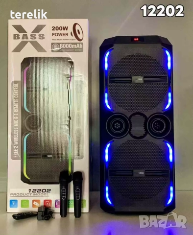 -50лв🔊 Xbass 200W 6000mah Професионална караоке тонколона ABS-12202 – 12”×2, Bluetooth, 2 микрофонa, снимка 15 - Караоке - 51831095