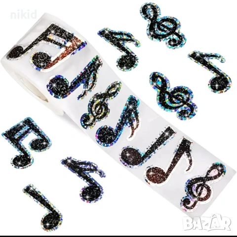 100 бр Ноти нота музика холограмни самозалепващи лепенки стикери ръчна изработка за подарък, снимка 2 - Други - 54185021