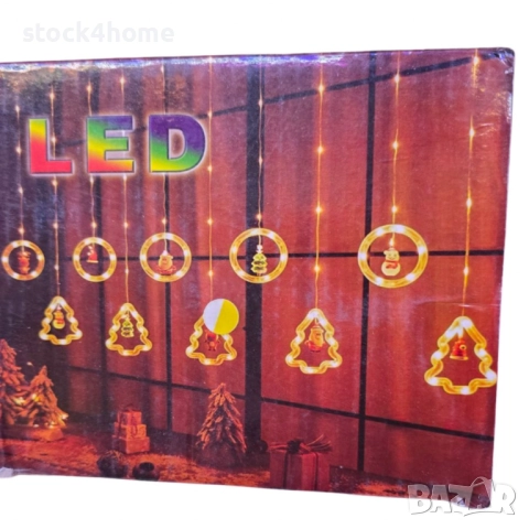 Лампички за коледа SIKS, тип светеща завеса, 5 светещи ринга и 5 LED елхи, с различни фигури , снимка 2 - Декорация за дома - 52574079