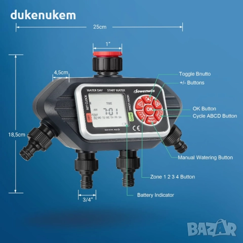 Програматор за напояване, таймер, 4 изхода, 16 индивидуални програми, снимка 8 - Напояване - 52711169