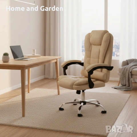 Ергономичен офис стол с лумбална опора от еко кожа в бежов цвят – комфорт за дълги часове без болки, снимка 5 - Столове - 54026951