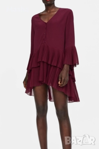 Бордо плисирана туника ZARA размер S, снимка 2 - Рокли - 52354698