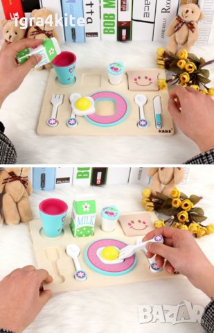 Дървена храна за детска закуска с мляко, чашка, яйце и хлебче, снимка 3 - Други - 35117946