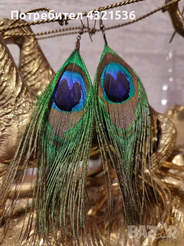 Обеци с пера от паун, снимка 2 - Обеци - 48252173