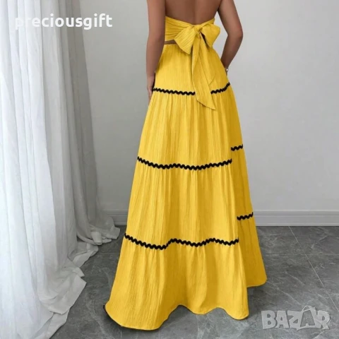 Дамски комплект - дълга пола и топ без презрамки, наличен в бежово, черено, червено, синьо, жълто, снимка 10 - Комплекти - 51367930