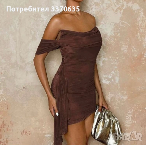 Елегантна дамска рокля в кафяво, размер S, снимка 2 - Рокли - 52031696
