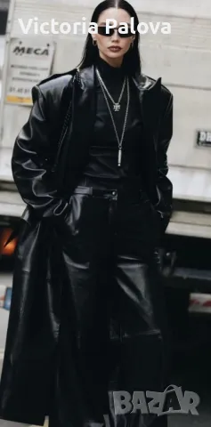 Дълъг черен кожен тренчкот,тренд