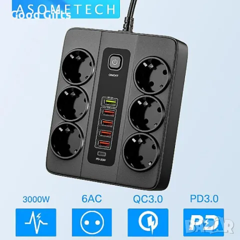 Универсален разклонител с 6 гнезда,3.4А, 5 USB порта и 1 Type-C портала, 3000W, Power Socket QC3.0, снимка 2 - Друга електроника - 48795469