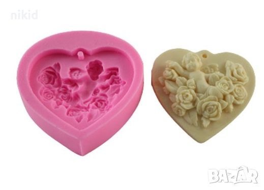 Сърце с ангел и рози силиконов молд форма фондан гипс декор 