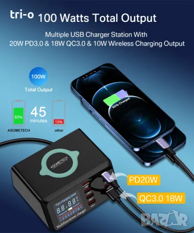 ASOMETECH 100W Зарядно устройство станция 9-в-1 с безжично зареждане 7USB порта+1 Type C QC3.0 PD3.0, снимка 4 - Оригинални зарядни - 49785497