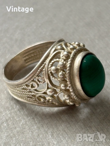 Антикварен съветски сребърен пръстен с малахит, снимка 5 - Пръстени - 53260437