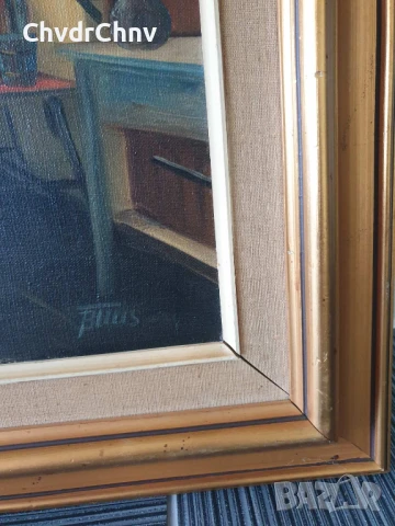 70х60см/стара картина масло върху платно/кухня-камина/дървена рамка, снимка 5 - Картини - 50896734