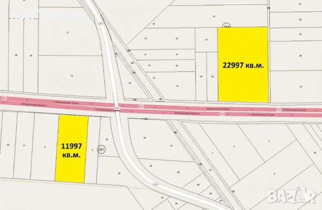 ДВА срещуположни ПАРЦЕЛА на АМ „Тракия“, пътен възел Карнобат, с обща площ 34994кв.м, 192 метра лице