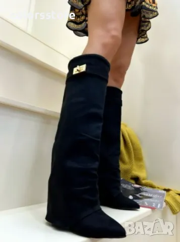 Ботуши на платформа - черен велур - K-40